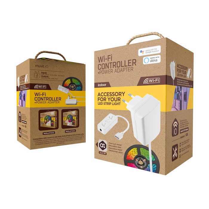 Muvit Controlador WiFi + Adaptador Corriente para Tiras LED Muvit iO, Compatible MIOLST002 y MIOLST004, Control Inteligente App y Voz, Indoor 12V 24W