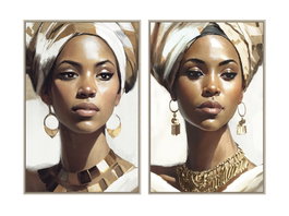 DKD Home Decor Cuadros de Lienzo Africana 2 Piezas Dorado, Marrón y Blanco