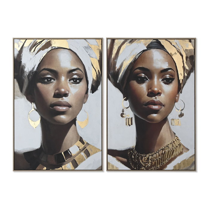 DKD Home Decor Cuadros de Lienzo Africana 2 Piezas Dorado, Marrón y Blanco