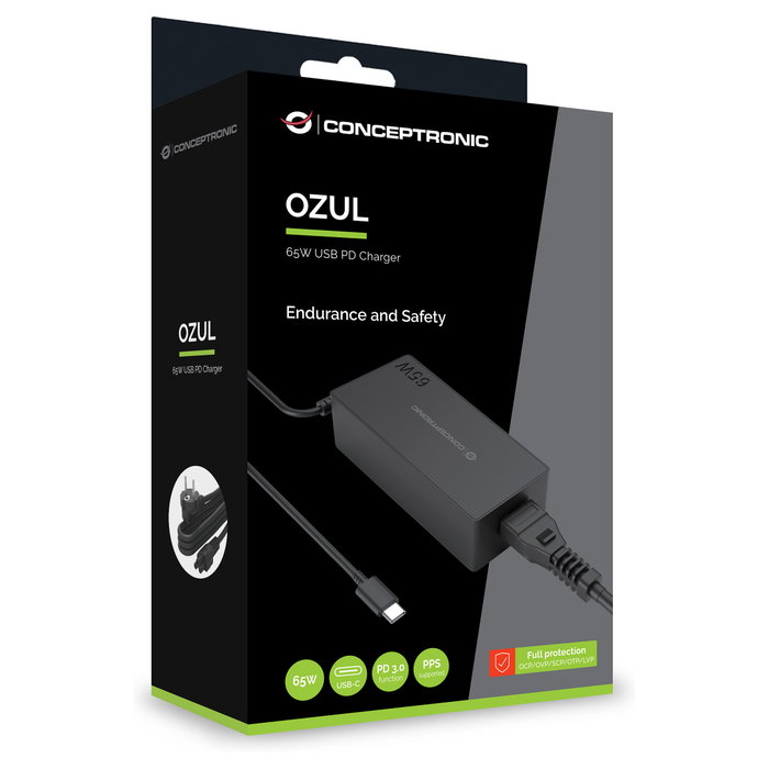 Conceptronic Cargador GaN 1 Puerto USB-C 65W PD 3.0/PPS OZUL09BE