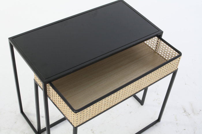 DKD Home Decor Set de 2 Mesas de Centro de Metal y Ratán con Rejilla