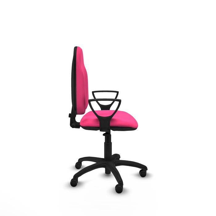 Silla de oficina Algarra con mecanismo Contacto permanente básico tapizada con Similpiel color Rosa. Equipada con Base poliamida negra, Brazos fijos y Ruedas autofrenantes Silla de oficina Algarra con mecanismo Contacto permanente básico tapizada con Similpiel color Rosa. Equipada con Base poliamida negra, Brazos fijos y Ruedas autofrenantes