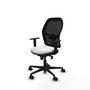 Silla de oficina Jorquera con mecanismo Sincro tapizada con Tela color Blanco y malla color Negro. Equipada con lumbar 1D, Brazos 1D y Ruedas 65mm nailon