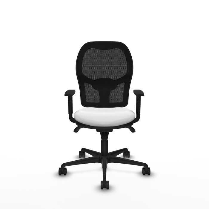 Silla de oficina Jorquera con mecanismo Sincro tapizada con Tela color Blanco y malla color Negro. Equipada con lumbar 1D, Brazos 1D y Ruedas 65mm nailon