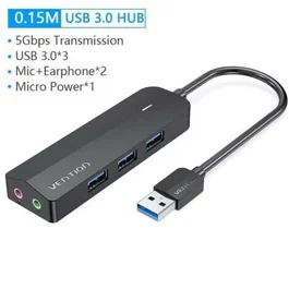 Vention Hub USB 3.0 con Tarjeta de Sonido Chibb, 3 Puertos USB y 1 Micro USB PD