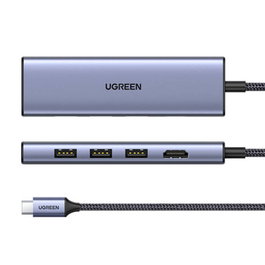 UGREEN 20956A Hub USB Tipo C 6 en 1, HDMI, 3x USB-A 3.0, Lector Tarjetas SD/TF, Plata, 5000 Mbit/s