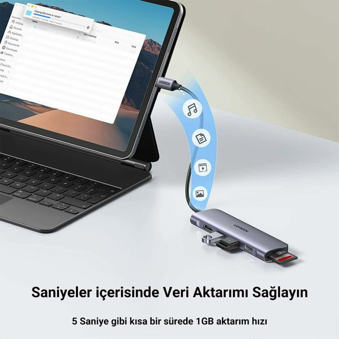 Ugreen Hub 6 en 1 CM511 20956A USB-C con HDMI 4K, 3x USB-A 3.0 y lectores SD/TF, Plata