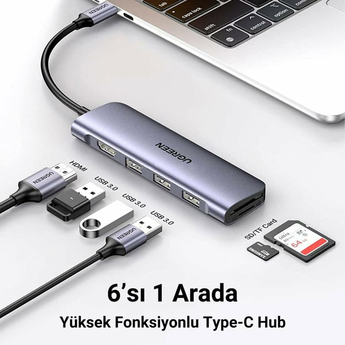 Ugreen Hub 6 en 1 CM511 20956A USB-C con HDMI 4K, 3x USB-A 3.0 y lectores SD/TF, Plata