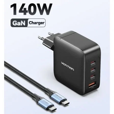 Vention Cargador de Pared GaN FEIB0-EU 140W con 4 Puertos USB (3x Tipo-C + 1x USB-A) para Carga Rápida Simultánea