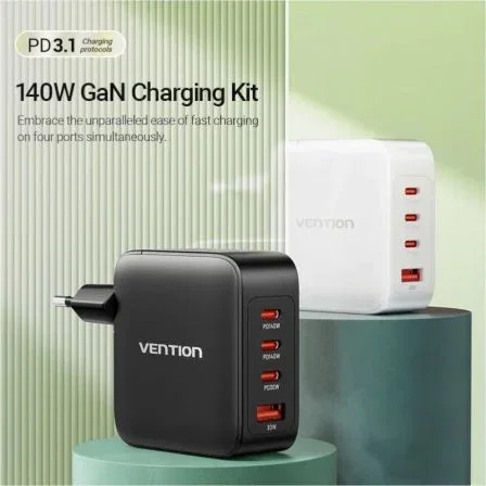 Vention Cargador de Pared GaN FEIB0-EU 140W con 4 Puertos USB (3x Tipo-C + 1x USB-A) para Carga Rápida Simultánea