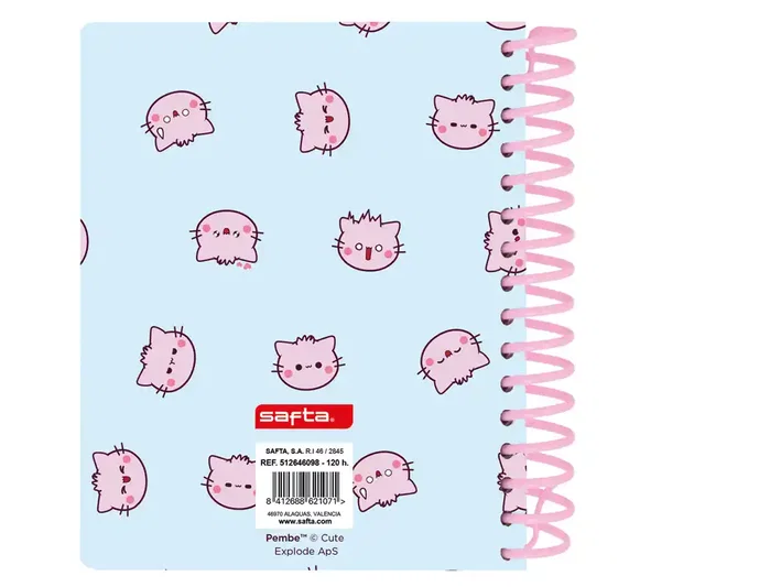 SAFTA Cuaderno espiral A6 microperforado, 120 hojas cuadrícula 5mm, tapa forrada, color rosa The Pink Cat