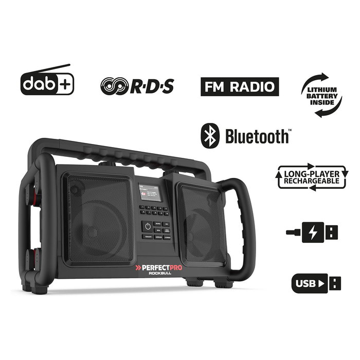PerfectPro ROCKBULL Radio Portátil 50W, DAB+/FM, Bluetooth, Resistente IP65 a Polvo/Agua/Golpes, Batería 12000mAh 16h, Negro