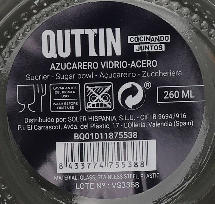 Quttin Azucarero de Vidrio y Acero 260ml (12 Unidades)