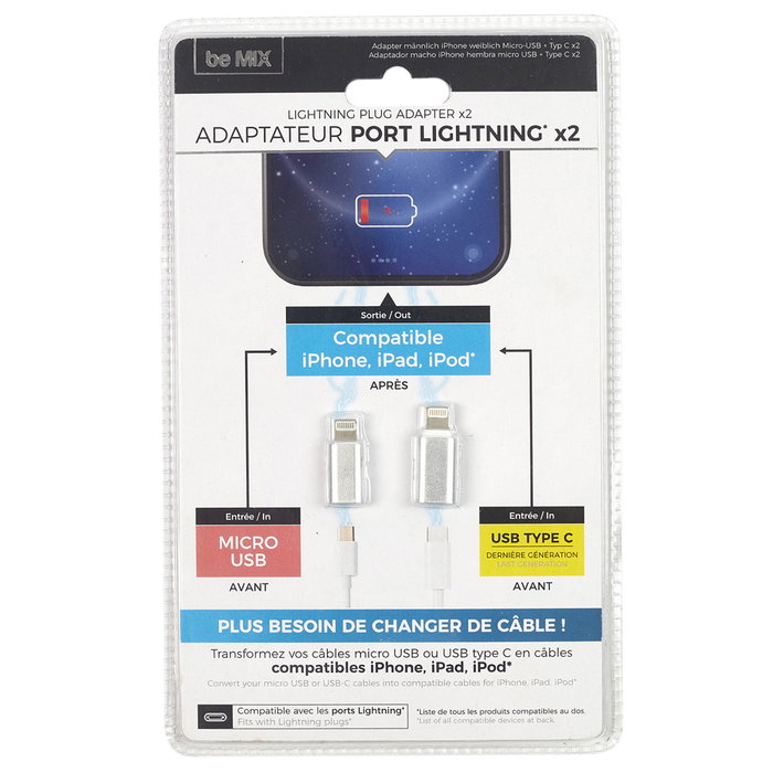 Be Mix Juego de 2 Adaptadores para iPhone, iPad, iPod con entrada Micro USB y USB Tipo C