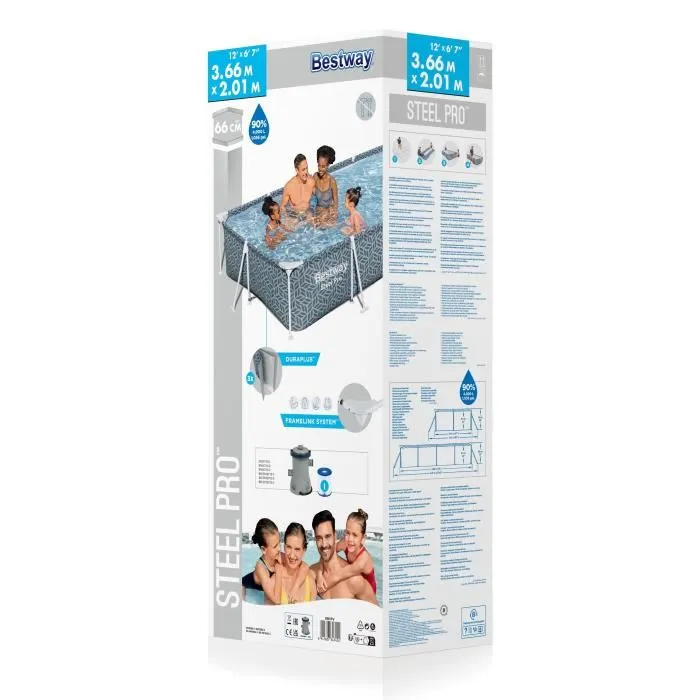 Bestway Kit Piscina Tubular elevada Steel Pro 366 x 201 x 66 cm, Rectangular, incluye depuradora de cartucho