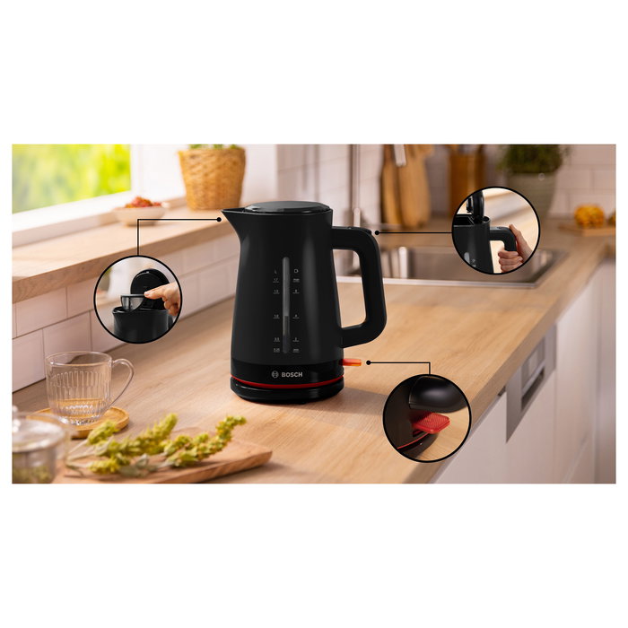 Bosch Wasserkocher TWK3M123, Negro, 1.7 Litros, 2400 W, con Apagado Automático, Sin Cables y Filtro Antical