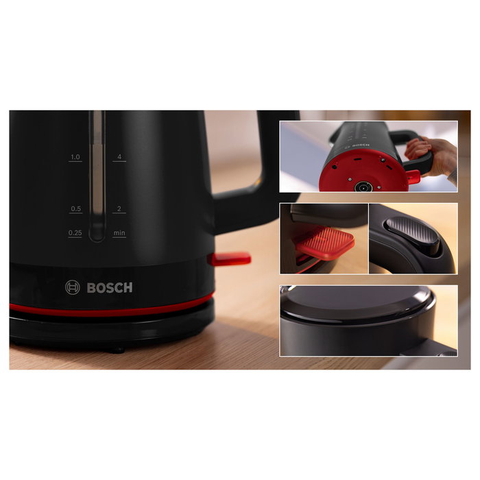 Bosch Wasserkocher TWK3M123, Negro, 1.7 Litros, 2400 W, con Apagado Automático, Sin Cables y Filtro Antical