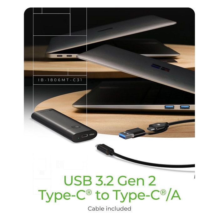 ICY BOX Spade Case 1806 Caja Externa SSD NVMe M.2 USB 3.2 Gen 2 Tipo C 10 Gbit/s para Unidades de 22-80mm, Aluminio Negro