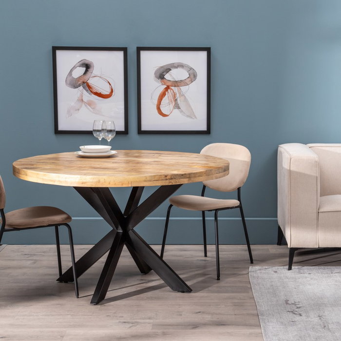 Mesa Comedor Natural-Negro Madera-Hierro 130 X 130 X 77 cm