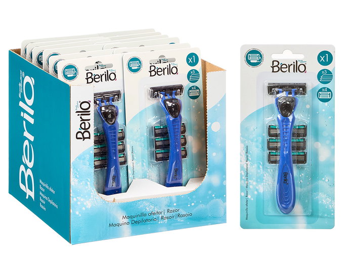 Berilo Maquinilla Afeitar Azul con 4 Recambios de 3 Hojas - Dimensiones 9.8 x 19.4 x 3 cm (Set de 24)