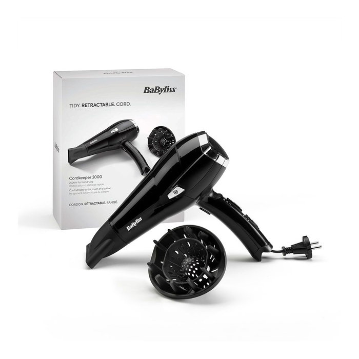 Babyliss Secador de pelo negro 2000W con cable retráctil y función iónica