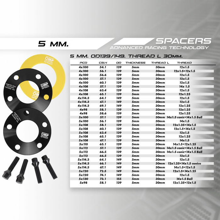 Omp OMPS08270501 Separadores 5 mm PCD 4x114.3 CBH 64.1 Espárragos M12x1.5 para Acura, Honda, Rover