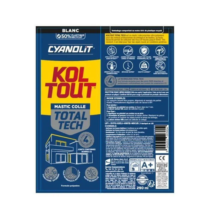 Cyanolit AUC3045203003004 Adhesivo fijador y sellador Total Tech Blanco Cartucho 290 ml Multimaterial Impermeable Flexible