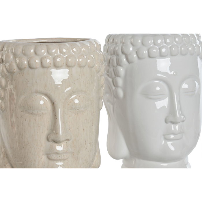 DKD Home Decor Set de 2 Maceteros de Cerámica Cara de Buda Blanco y Beige