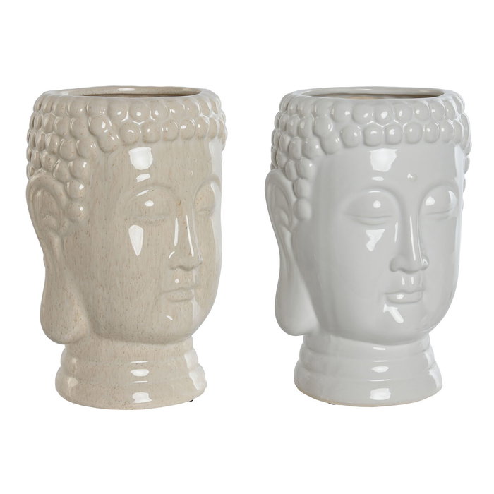 DKD Home Decor Set de 2 Maceteros de Cerámica Cara de Buda Blanco y Beige