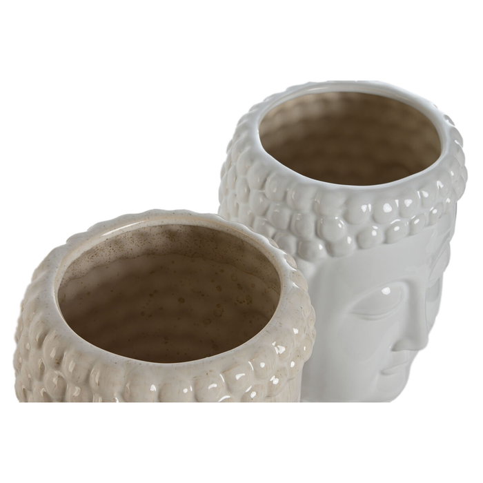DKD Home Decor Set de 2 Maceteros de Cerámica Cara de Buda Blanco y Beige