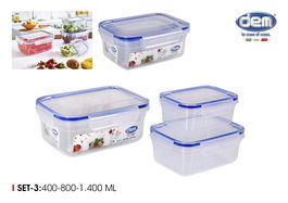 Dem Set-3 Fiambrera Hermética R. 400ml 800ml 1400ml 20x15x9 cm (6 Unidades)
