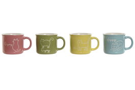 DKD Home Decor Taza de Porcelana Azul Rosa Amarillo Verde Gatos 6.5 x 5.5 x 8.5 cm 70ml (12 Unidades)