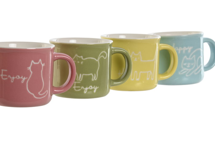 DKD Home Decor Set de 12 Tazas de Porcelana con Diseño de Gatos, 70ml, Colores Surtidos