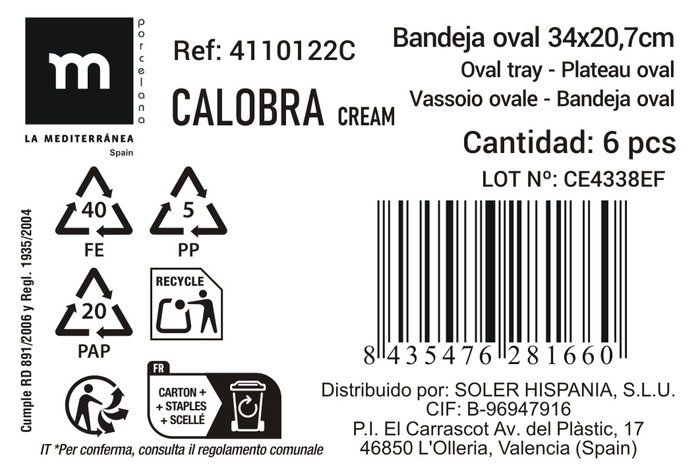 La Mediterranea Bandeja Calobra Crema 33,8 x 20,3 cm (12 Unidades)