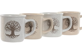 DKD Home Decor Taza Tradicional Tree of life 24 Beige Blanco Roto Gres 9 x 8.5 x 13 cm (4 Unidades)