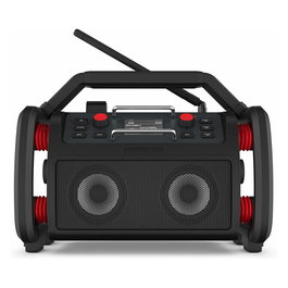 Perfectpro RockPRO - Radio digital de obra resistente IP65, DAB+/FM, Bluetooth 5.0, 4 altavoces, 30W, pantalla, batería recargable, negro/rojo