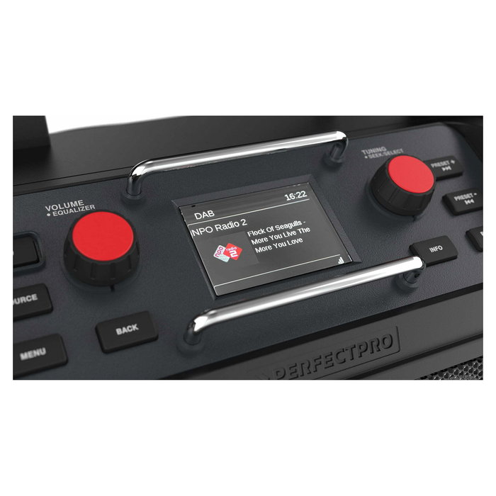 Perfectpro RockPRO - Radio digital de obra resistente IP65, DAB+/FM, Bluetooth 5.0, 4 altavoces, 30W, pantalla, batería recargable, negro/rojo