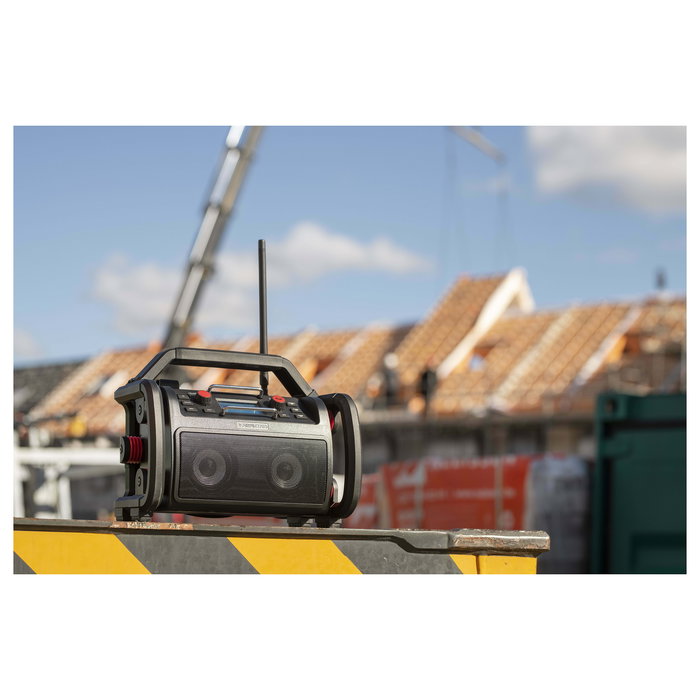 Perfectpro RockPRO - Radio digital de obra resistente IP65, DAB+/FM, Bluetooth 5.0, 4 altavoces, 30W, pantalla, batería recargable, negro/rojo