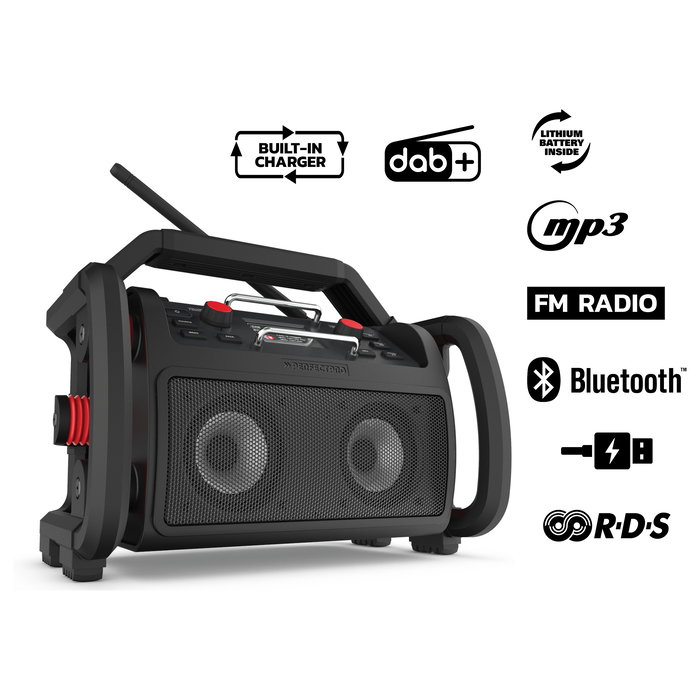 Perfectpro RockPRO - Radio digital de obra resistente IP65, DAB+/FM, Bluetooth 5.0, 4 altavoces, 30W, pantalla, batería recargable, negro/rojo