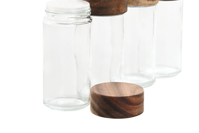 DKD Home Decor Especiero Set de 6 Piezas Cristal y Acacia Natural 10 x 11 x 19 cm DKD Home Decor Especiero Set de 6 Piezas Cristal y Acacia Natural 10 x 11 x 19 cm