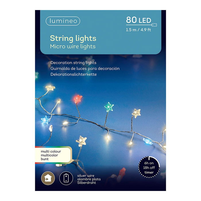Lumineo Guirnalda LED decorativa multicolor con alambre plateado, 80 LEDs, 1,5 m