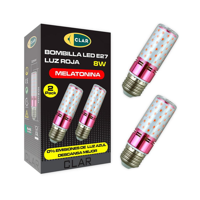 Clar Iluminación Bombilla Tubular LED Roja Melatonina E27 8W 150 lm 220-240V, Ángulo 280°, Vida 25000h, Pack de 2 Unidades Clar Iluminación Bombilla Tubular LED Roja Melatonina E27 8W 150 lm 220-240V, Ángulo 280°, Vida 25000h, Pack de 2 Unidades