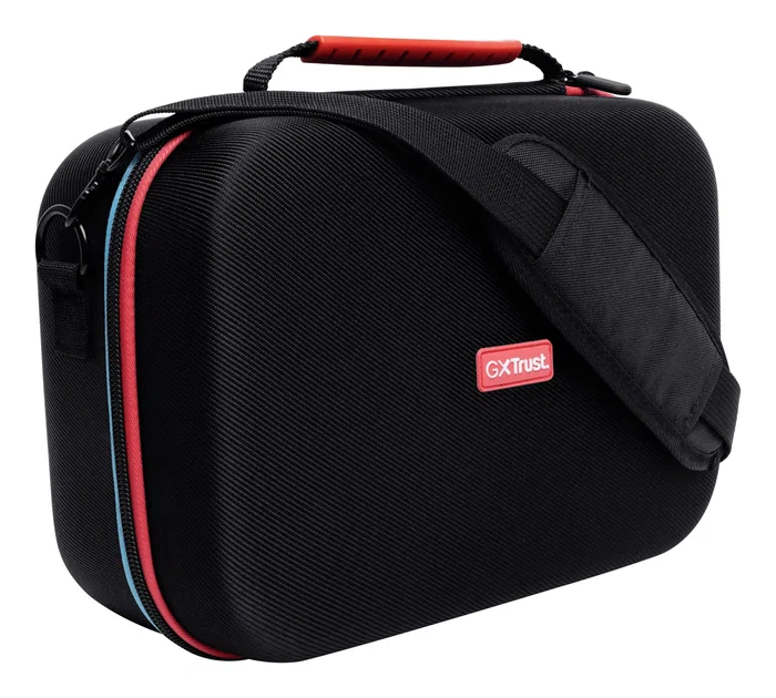 Trust GXT 1247 Funda protectora rígida para Nintendo Switch y OLED, maletín XXL con asa para consola, mandos y accesorios, Negro/Azul/Rojo