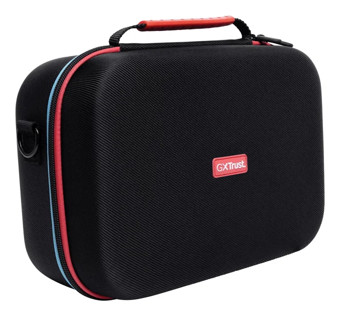 Trust GXT 1247 Funda protectora rígida para Nintendo Switch y OLED, maletín XXL con asa para consola, mandos y accesorios, Negro/Azul/Rojo