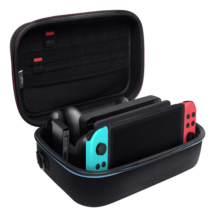 Trust GXT 1247 Funda protectora rígida para Nintendo Switch y OLED, maletín XXL con asa para consola, mandos y accesorios, Negro/Azul/Rojo