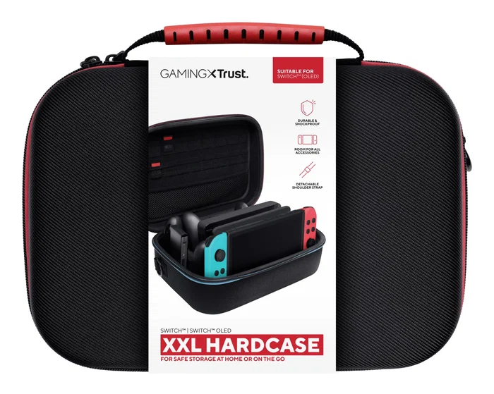 Trust GXT 1247 Funda protectora rígida para Nintendo Switch y OLED, maletín XXL con asa para consola, mandos y accesorios, Negro/Azul/Rojo