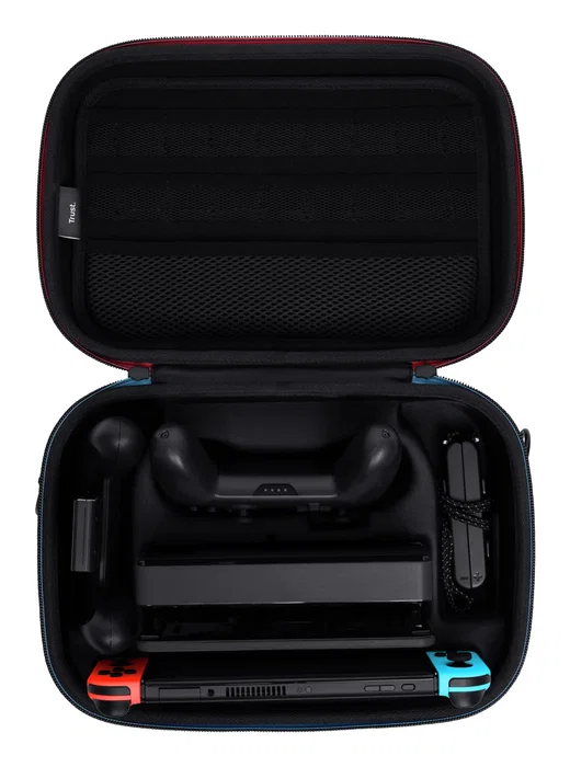 Trust GXT 1247 Funda protectora rígida para Nintendo Switch y OLED, maletín XXL con asa para consola, mandos y accesorios, Negro/Azul/Rojo