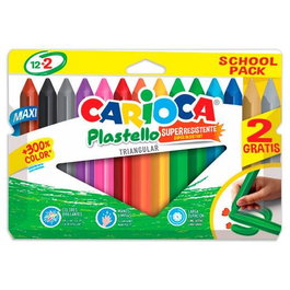 Carioca Ceras Plastello Super Resistentes Triangular Maxi Colores Surtidos Estuche 12+2 Ud (Set de 6) (Set de 6)
