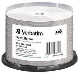 Verbatim cd-r 80 / 700mb 52x white wide thermal printable 50 discos
