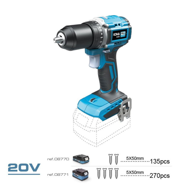Koma Tools Taladro Atornillador Compacto Brushless 20V sin Batería - Pro Series, 50 Nm, 2 Velocidades (0-500/0-1800 rpm), Mandril 13 mm, Luz, Modelo 20V-TACB